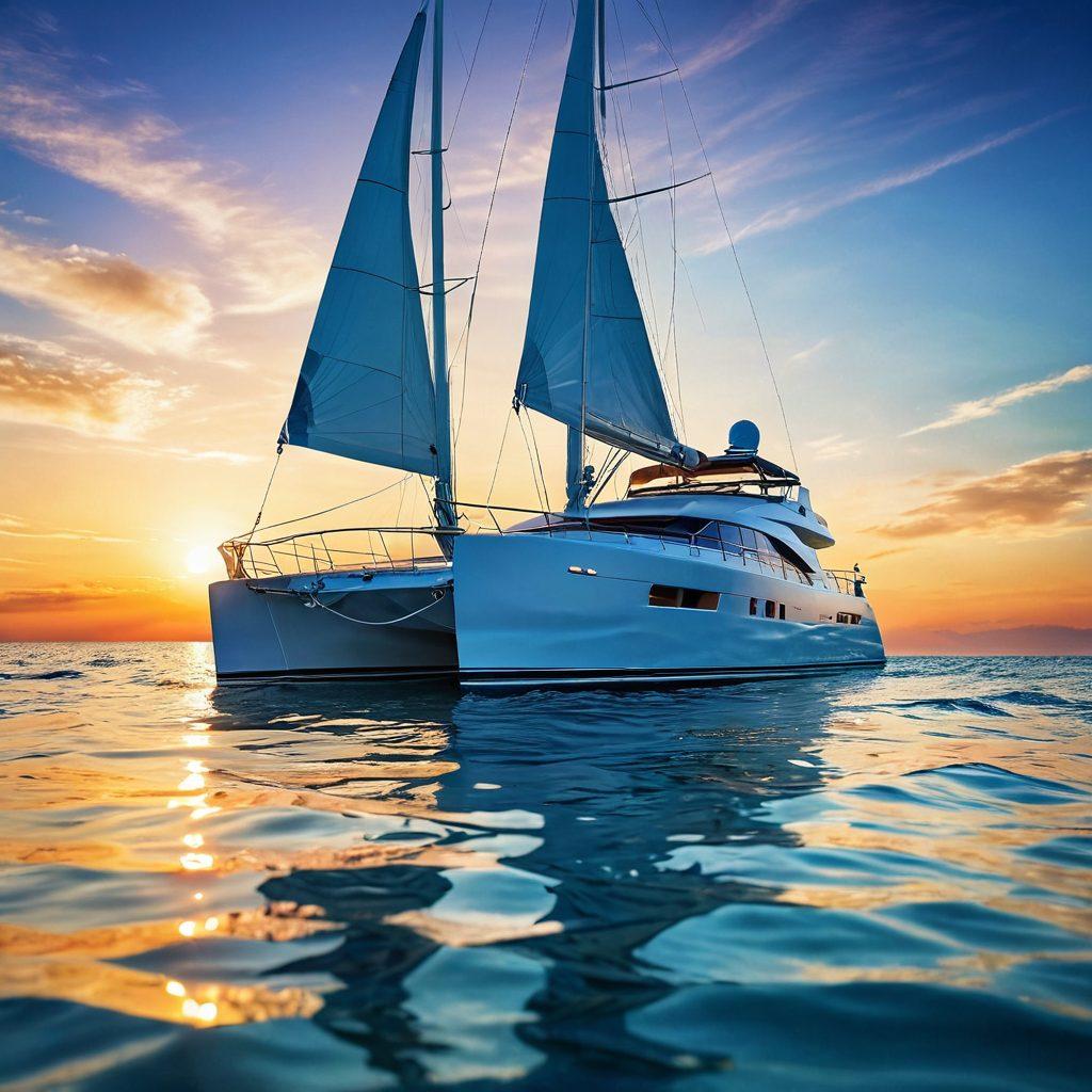 A luxurious yacht sailing smoothly on crystal-clear blue waters, with a radiant sun setting in the background, symbolizing peace of mind and protection. Include illustrations of marine tools and insurance documents subtly integrated into the waves. Vibrant colors and a feeling of tranquility. super-realistic. bright, inviting atmosphere.