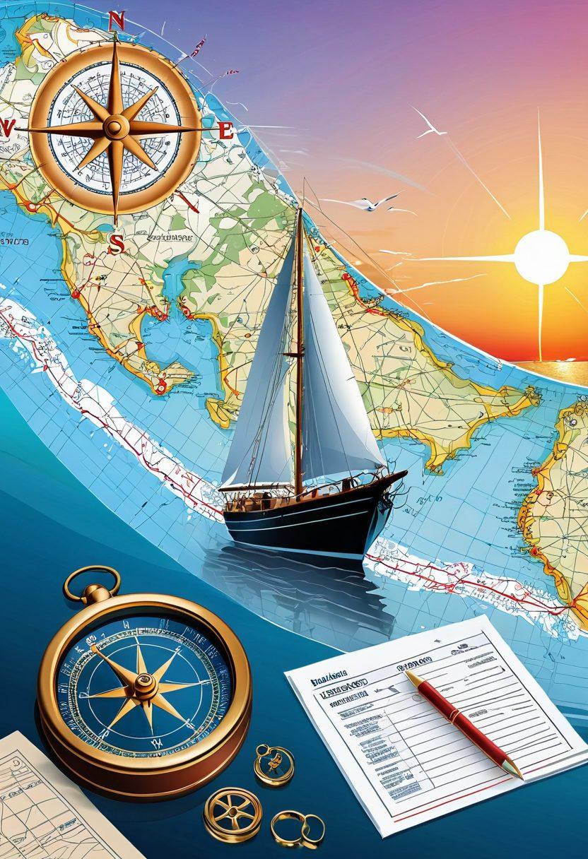 A detailed nautical chart featuring intricate routes and compass roses, overlaid with insurance documents and a calculator, symbolizing comprehensive vessel insurance. Include elements like sailboats and a harbor in the background, with a sunrise illuminating the scene, representing new journeys and security. vibrant colors. vector art. nautical theme.