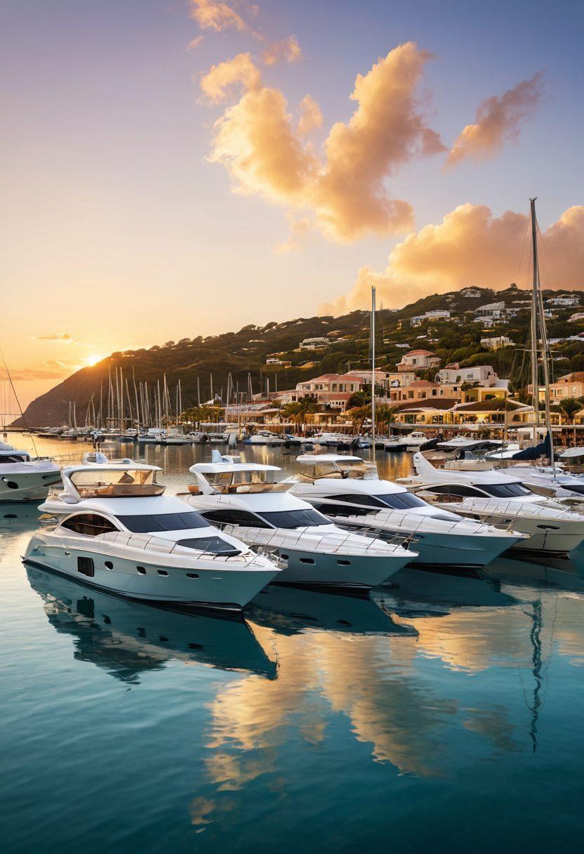 A serene marina at sunset, showcasing luxurious yachts docked beside a tranquil blue ocean. Include a knowledgeable insurance agent discussing policies with boat owners, while a detailed map of marine insurance options is spread out on a table. Soft golden light reflecting off the water highlights the sense of security and protection. super-realistic. vibrant colors. 3D.